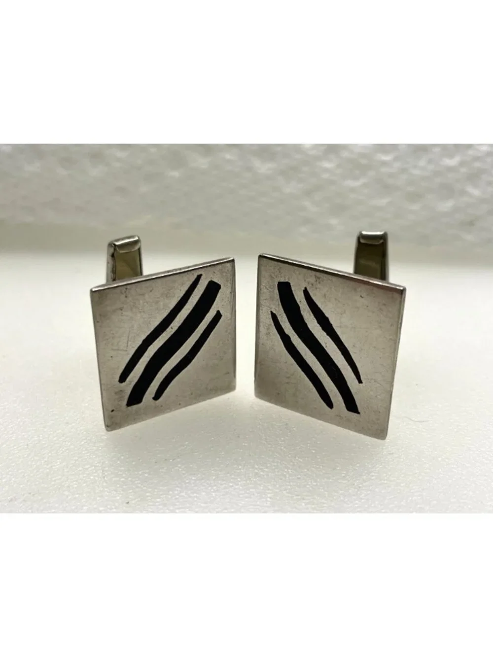 Signed Vintage Taxco Mexican Sterling Silver Square Minimalist Enamel Cufflinks